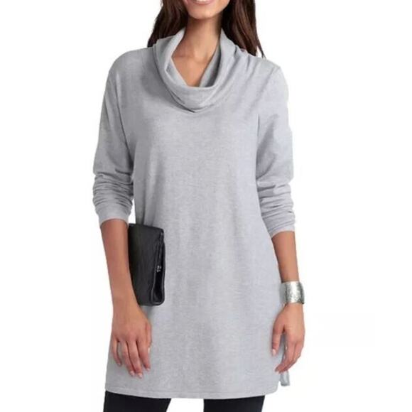 Halston Women's Cowl Neck Mix Media Tunic Sweater in Foggy Heather Small $118 - Picture 1 of 4